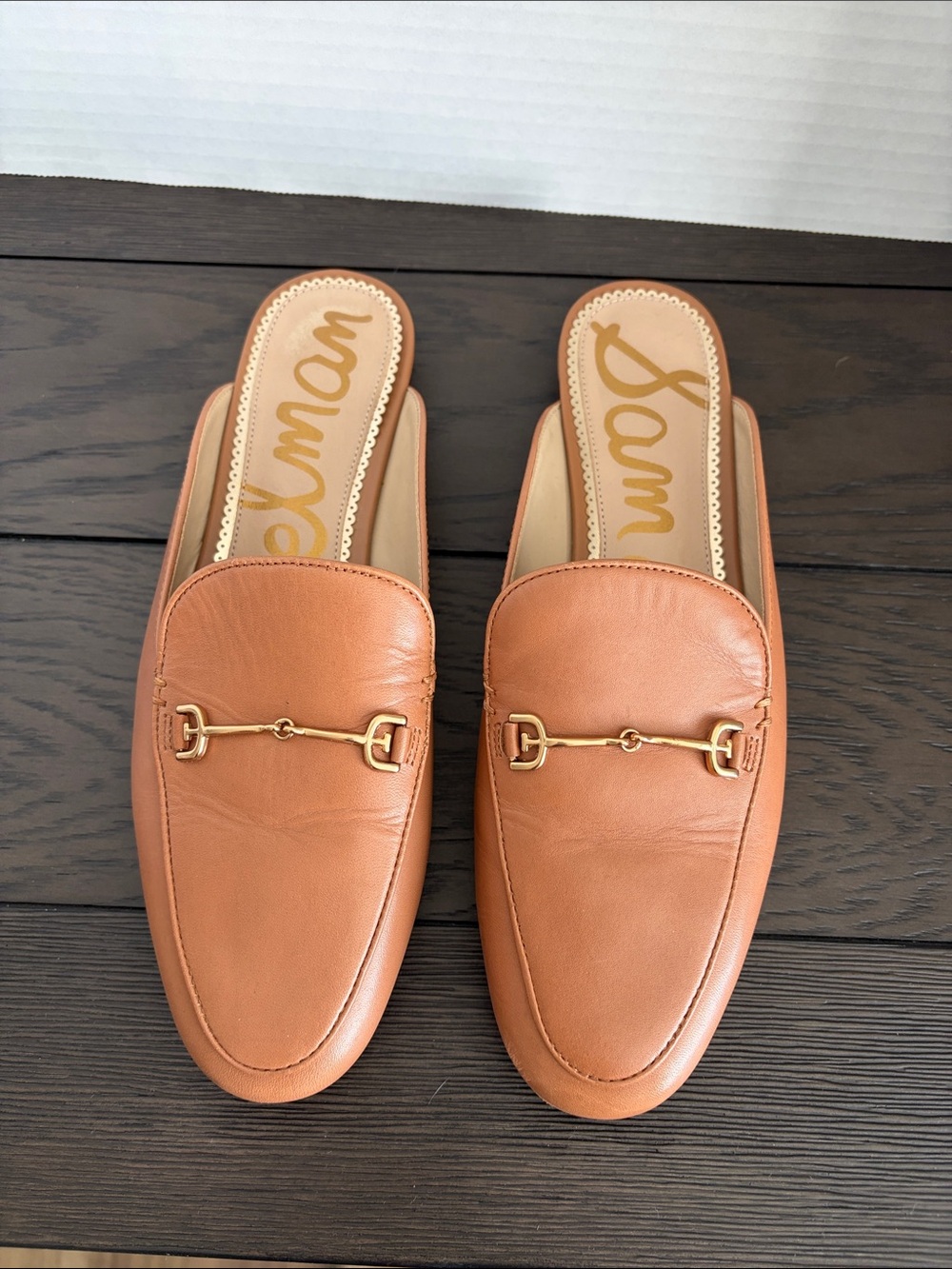 Sam Edelman Cognac Leather Backless Mules with Gold Bit